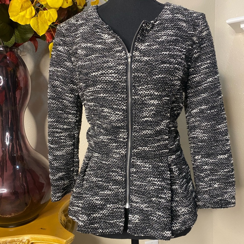 Black and White H&M Divided Peplum Zip Up Jacket Blazer Size 12